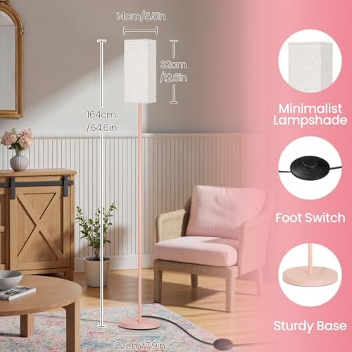 64.6" Floor Lamp, Pole Lamp with Foot Switch, Modern Standing Lamp Shade, Minimalist Freestanding Lamp (Bulb Not Included), for Living Room, Bedroom Office ETL Listed,Pink and Beige PE07LD05 - Image 3