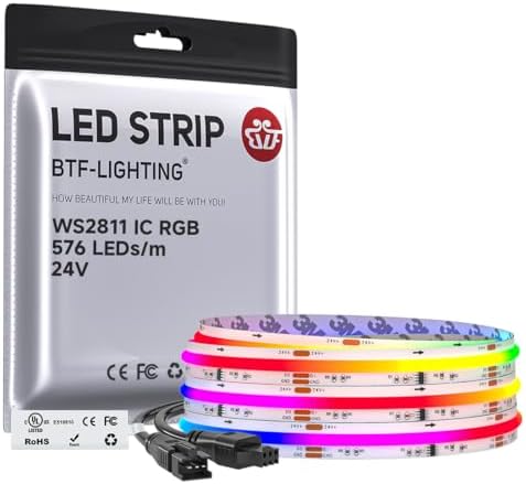 BTF-LIGHTING RGB WS2811 Smart IC FCOB COB LED Strip, UL Listed 576LEDs/m High Density Color Chasing Uniform Light, DC24V 9.8FT 10mm Width Tape Light for Home Party DIY Decor(No Adapter or Controller) by BTF-LIGHTING