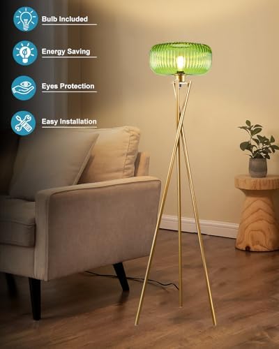 Lightdot Glass Tripod Floor Lamp for Living Room, Modern Gold Standing Lamp with Green Ribbed Glass Lampshade, Arc Tall Lamp for Bedroom Office Reading Room/Sofa Beside/Corner Decor (Bulb Included) - Image 3