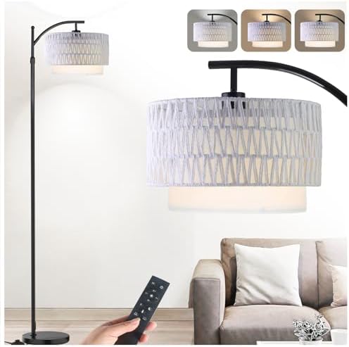 Yusist Arc Floor Lamp for Living Room,Farmhouse Floor Lamps with Remote Control & Dimmable Bulb,White Rattan Boho Tall Standing Lamp for Bedroom Office by Yusist