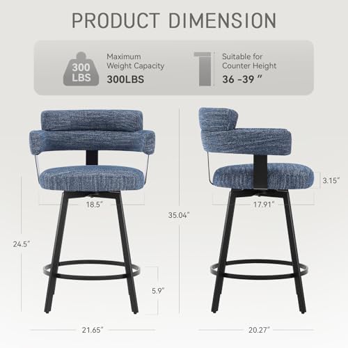Counter Height Bar Stools with Full Back – Swivel Counter Stools Set of 2 with Linen Padded Back, Metal Footrest, Modern Barstools for Kitchen Counter, Island, Dining Room, Blue 24 inch - Image 2