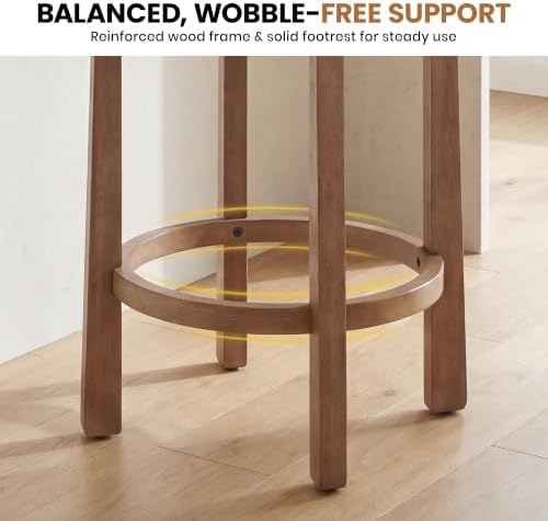 LukeAlon Mid Century Linen Counter Stools Set of 2, Upholstered 26.5” Seat Height Low Barstools with Natural Wood Legs Round Low Back Kitchen Stools with Footrest for Dining Room, Beige - Image 5