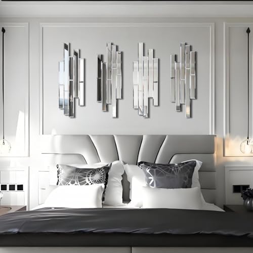Artisan Set of 4 Silver Beveled Wall Decor Mirrors - 24x8 Inch Each, Creative Combination Design for Modern & Farmhouse Home Decor, Shatter-Resistant Glass with Wood Backing - Image 4