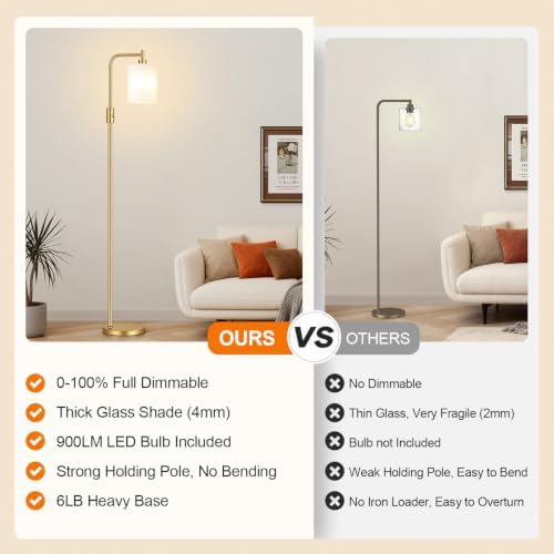 【Upgraded】 Dimmable Floor Lamp for Living Room with Opal Glass Lamphade, Gold Modern Glass Floor Lamp with 900LM LED Bulb Included, Arc Standing Tall Lamp for Bedroom, Office, Reading Room, Corner - Image 2