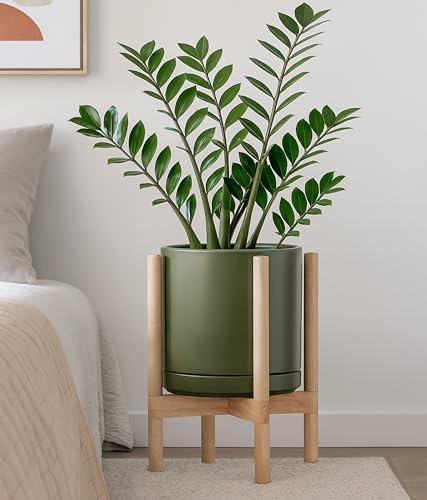 D'vine Dev Ceramic Pot with Natural Wood Stand, Olive, 12 in, 55-B-J-J - Image 4