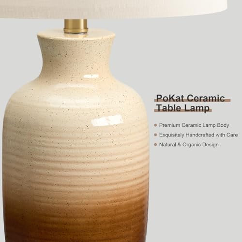 PoKat 24'' Farmhouse Handcrafted Table Lamp for Living Room, Rustic Ceramic Bedroom Lamps for Night Stands, Bedside Lamps with Soft Ombre Finish for Entryway Sideboard End Table (Beige and Brown) - Image 2