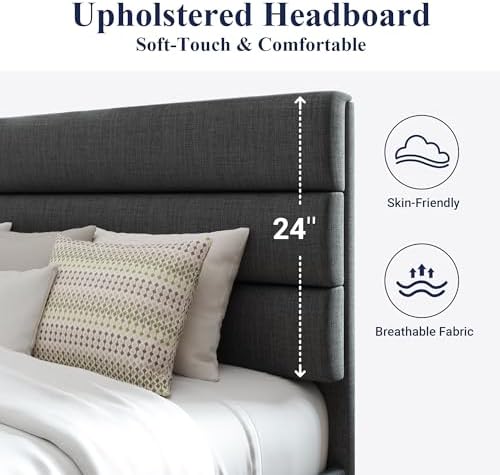Allewie King Size Platform Bed Frame with Fabric Upholstered Headboard Gray - Image 4