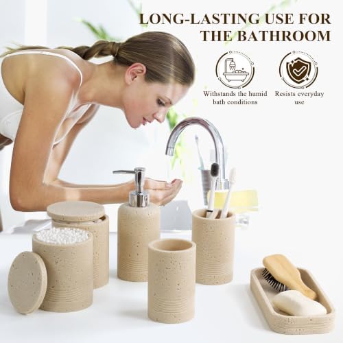 Bathroom Accessories Set, 6-Piece Bathroom Accessory Set, Toothbrush Holders Set, Soap Dispenser, Vanity Tray, Tumbler, Cotton Swab Jars, Bathroom Organizer for Modern Bathrooms,Faux Travertine - Image 4