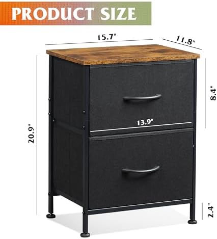 WLIVE Nightstand, 2 Drawer Dresser for Bedroom, Small Dresser with 2 Drawers, Bedside Furniture, Night Stand, End Table with Fabric Bins for Bedroom, Closet, Entryway, Black and Rustic Brown - Image 3