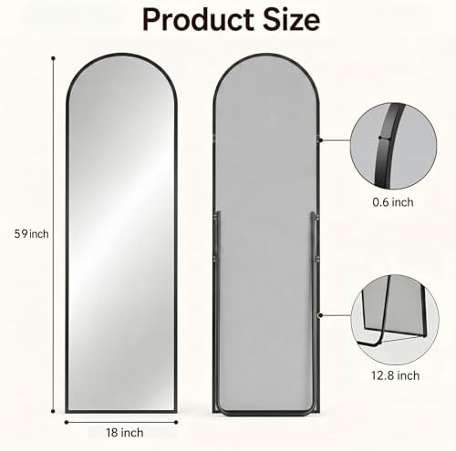 Antok Full Length Mirror, 59"x18" Floor Mirror with Stand, Black, Arched - Image 3