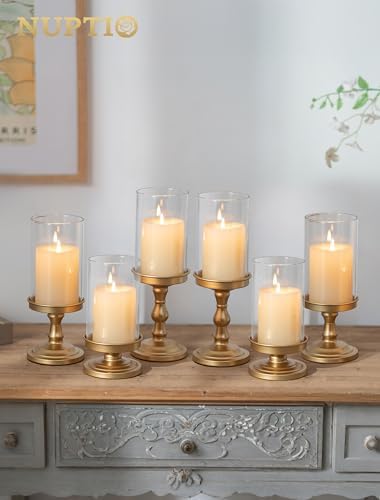 NUPTIO Hurricane Glass Candle Holders: Matte Gold, Set of 3 - Image 3