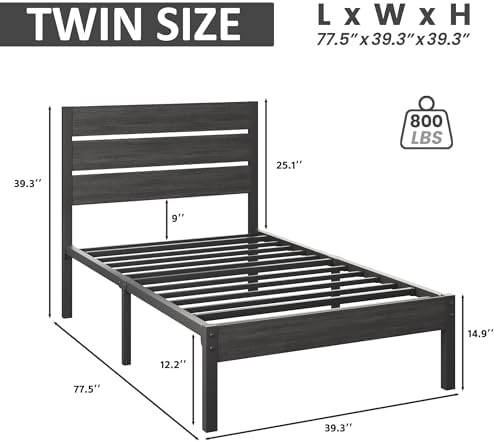 Fluest Twin Bed Frame with Headboard and Footboard, Metal Twin Bed Frame with Under Bed Storage, All-Metal Support System, No Box Spring Needed, Easy Assembly,Rustic Grey - Image 2