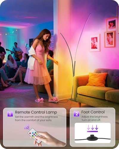 RGB Arc Floor Lamp, Dimmable Double-Light Standing Lamp, 3CCT, Remote & Foot Switch, for Living Room, Office, Bedroom, Black RB61LD05 - Image 3