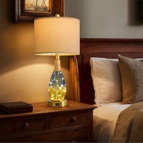 OYEARS 23" Table Lamps for Living Room Set of 2,Bedside Lamps for Night Stands, Rattan Lamps for Bedroom,Farmhouse Lamps with Glass Nightlight,Two Light Points - Image 2