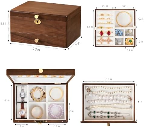 Black Walnut Jewelry Box for Women, 3 Layer Top Lock Wooden Organizer Case - Image 5
