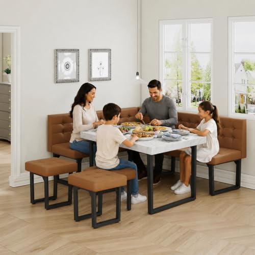 XIAO WEI Corner Dining Table Set for Small Spaces, 72 Inch Breakfast Nook with Storage Banquette, 5 Piece Dining Set with Upholstered Bench, Modern Caramel Brown - Image 3