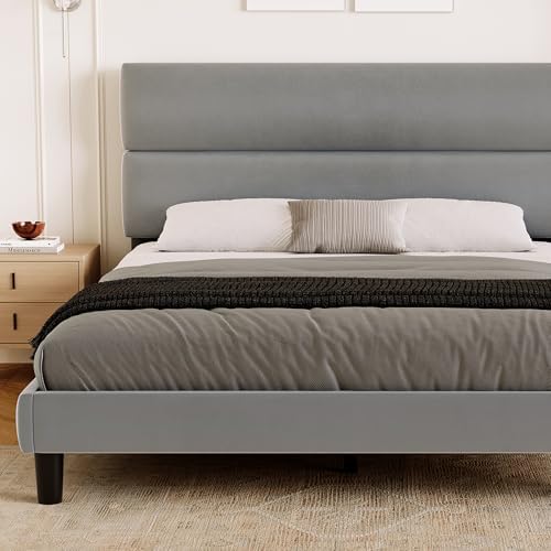 GRUSIGN Queen Size Platform Bed Frame with Velvet Headboard, Adjustable Height Wooden Slats Support, Upholstered Mattress Foundation, Fits Mattress or Mattress with Box Spring, Easy Assembly, Grey - Image 6