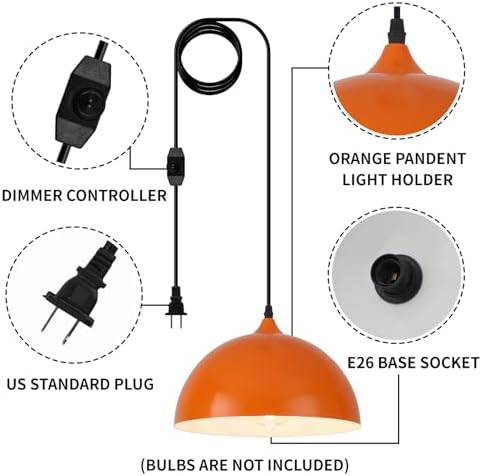 Orange Plug in Pendant Light 2 Packs 11.8inch, Modern Pendant Light, Kitchen Pendant Lights, Pendant Lights Kitchen Island, Hanging Lights with Plug in Cord 14.7 ft - Image 6