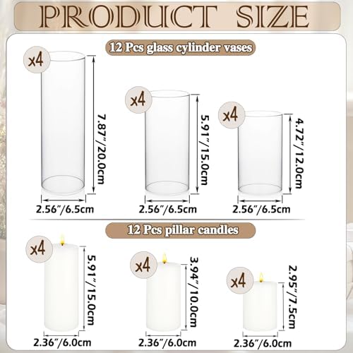 24 Pcs White Pillar Candles and Glass Cylinder Vases Clear Glass Pillar Candle Holders Hurricane Glass Candle Holders for Table Centerpieces Wedding, Party, Event, Home Office - Image 4