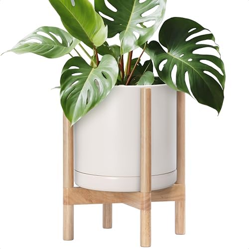 D'vine Dev Ceramic Pot with Natural Wood Stand, Oatmeal, 12 in, 55-B-J-8 by DvineDevPlanterPotsandStand