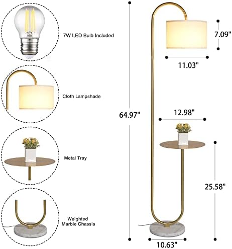 Hsyile KU300271 Arc Floor Lamp with Hanging Drum Shade for Living Room-Marble Base Modern Tall Stand Up Light with Table, Contemporary Over The Couch Gold Lamp Standing Lamps for Bedroom Office - Image 6