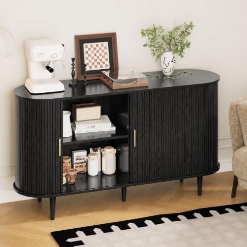 DHH Sideboard Buffet Cabinet with Storage,Mid Century Modern Fluted Accent Coffee Bar Console Table,Tambour Sliding Doors& Adjustable Shelf for Kitchen, Living Room, Entryway(Black, 55 Inch) - Image 5