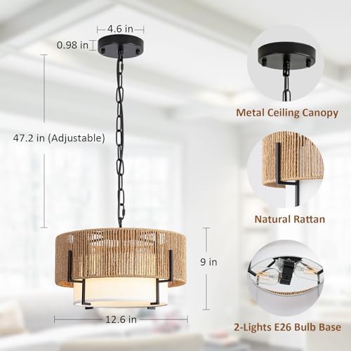 12.6" Rattan Pendant Light, Boho Chandelier Hanging Light Fixture - Image 2