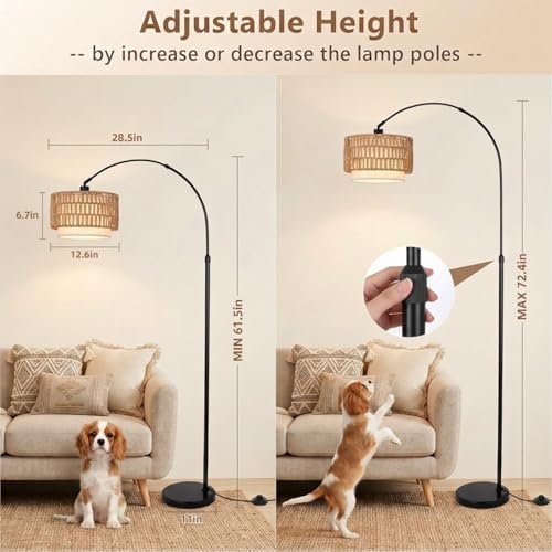 Arc Floor Lamp for Living Room with 12W Bulb,61.5"-72.4" Height Adjustable Rattan Floor Lamps with 3 Color Temps, Farmhouse Arched Standing Lamp,Boho Floor Lamp, Arched Floor Lamps for Bedroom, Office - Image 3