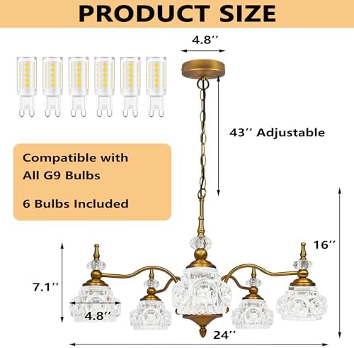 Montex Gold Brass Chandelier, 5 Light Vintage Crystal Glass Pendant Fixture - Image 4