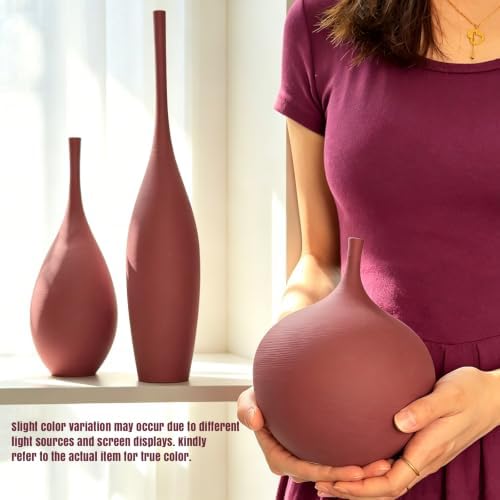 Ceramic Vases Set of 3, Modern Boho Vases for Centerpiece Decor, Matte Burgundy Minimalist Decorative Vases for Home Decor, Living Room, Bookshelf, and Entryway Table Decor - Image 6
