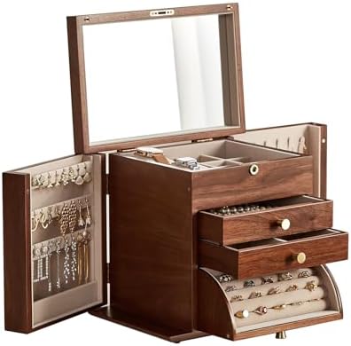 CHOSIN Black Walnut Wooden Jewelry Box for Women with Lock, Mirror, 4 Layer by CHOSIN