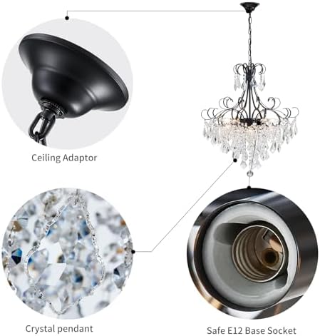 WUZUPS Crystal Chandelier 10-Light Pendant Ceiling Light Modern Lighting Fixture for Dining Room Hallway Bedroom Kitchen Bathroom, H 27.6" x W 22.8", E12 Base, Black - Image 3