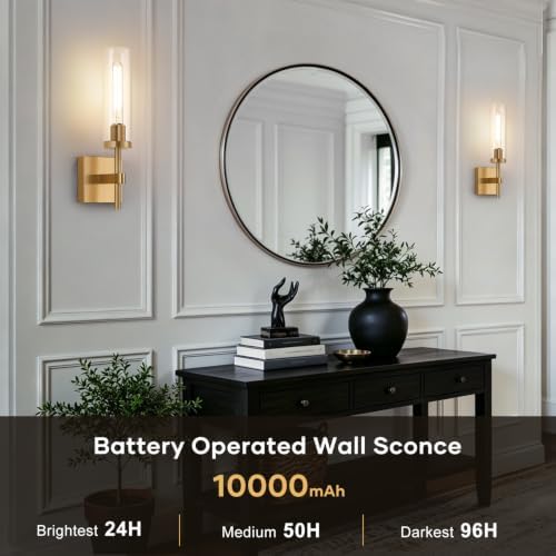 Wireless Wall Sconces with Remote Control, 10000mAh Battery Operated Wall Sconce Set of 2, Brush Gold Rechargeable Dimmable Wall Lights for Bedroom Living Room Bathroom Hallway Entryway, 3000K - Image 3