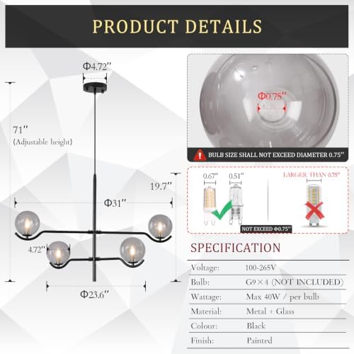 CATINER Modern 31" 4-Light Black Sputnik Chandelier with Smoke Glass Globe - Image 3