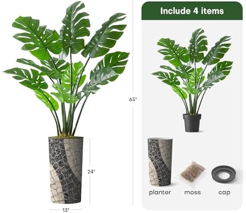 Artificial Tree in Geometric Pattern Planter, Fake Monstera Silk Tree for Indoor and Outdoor Home Decoration - 65" Overall Tall (Plant Pot Plus Tree) - Image 3