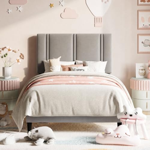 Allewie Twin Platform Bed Frame with Velvet Upholstered Headboard by Allewie