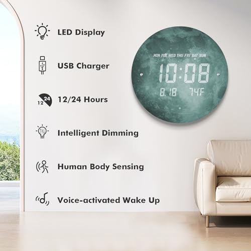 Digital LED Wall Clock for Home & Office, Moon, 12'' - Image 2