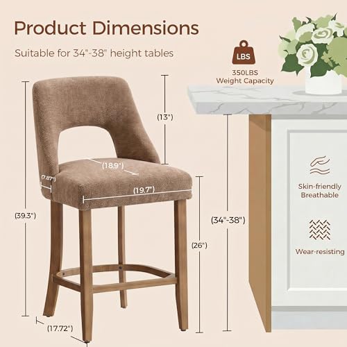 UVV Bar Stools Set of 6, Upholstered Counter Height Bar Stools, Modern Counter Stools with Wood Legs for Kitchen Island Dining Room Bar, Khaki - Image 2