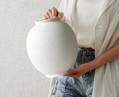 White Ceramic Vase, 9.8" Large, Round, Sandstone White - Image 6