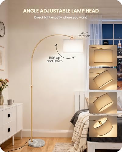 75" Dimmable Gold Arc Lamp with Marble Base, Adjustable Height, White Shade - Image 5