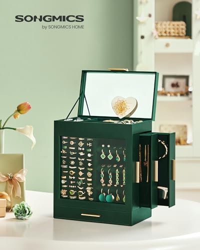 SONGMICS 5-Layer Jewelry Box with Glass Window, 3 Side Drawers - Image 2