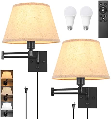 TRLIFE Wall Sconce Plug in, Remote Control Dimming 10-100% and Adjustable Color Temperature 2700K-6500K Swing Arm Wall Lights with Plug in Cord, 11.8" Large Beige Fabric Shade(2 Pack, 2 Bulbs) by TRLIFE