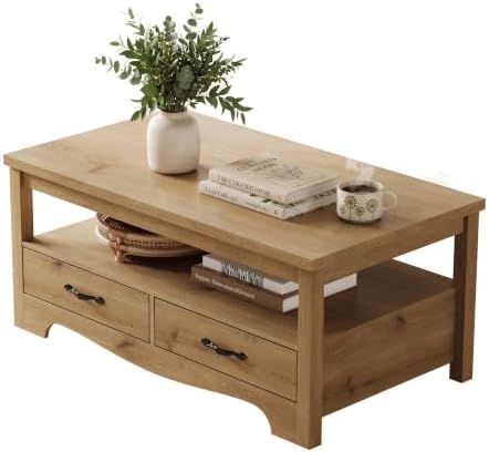 LINSY HOME Farmhouse Coffee Table with Storage, Wood Coffee Table for Living Room, Open Display Area and Storage Drawers with Metal Handles, Chic Style with Curved Base, Natural Oak by LINSYHOME