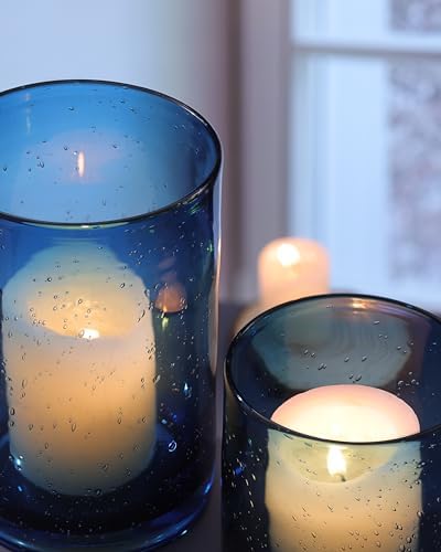 Hurricane Candle Holder Set of 3 Blue Candle Holders for Pillar Candles, Seeded Bubbles Glass Candle Holder, Blue Glass Cylinder Vases for Table Centerpieces, Home, Patio and Wedding 8" 4.7" 3.5" - Image 3