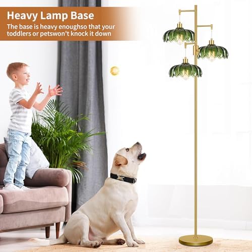 Vintage Floor Lamps for Living Room Bedroom-3 Light Dimmable Gold Floor Lamp with Glass Lampshape, Flower Tall Lamp Modern Mid Century Standing Lamp Green Tree Floor Lamp for Bedroom Corner - Image 4