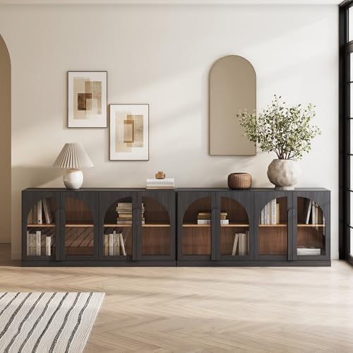 BELLEZE Set of 2 Bijou 64" Modern Buffet Sideboard, Mid-Century Arched Glass Door Cabinet, Wood Grain Storage Console for Living Room, Kitchen, Entryway - Ebony by BELLEZE