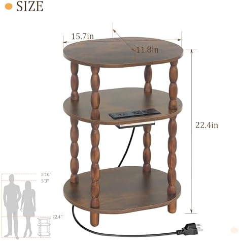 MaxSmeo Side Table with Charging Station, 3-Tier Small End Table with USB Ports and Outlets, Modern Oval Night Stand Accent Table for Living Room, Bedroom, Rustic Brown - Image 3