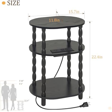 MaxSmeo Black Side Table with Charging Station, 3-Tier Small Oval End Table with USB Ports and Outlet, Modern Night Stand Wood Accent Table for Living Room, Bedroom, Black - Image 3