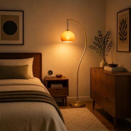 Vintage Gold Arc Floor Lamp with Orange Glass Shade - Image 7