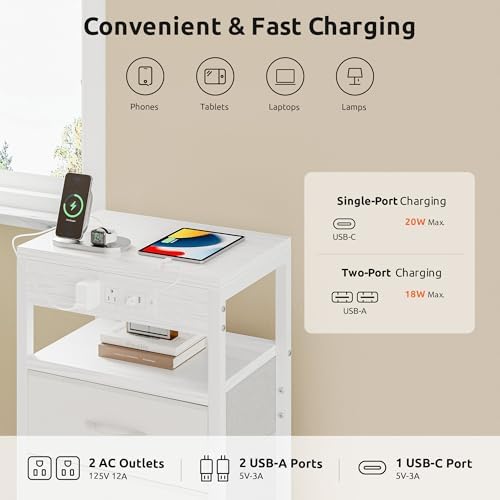 Lazzanto Night Stand with Charger Station for Bedroom, White Nightstand - Image 4